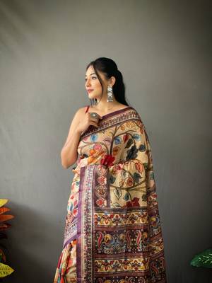 cream color kalamkari digital printed cotton blend sarees 1