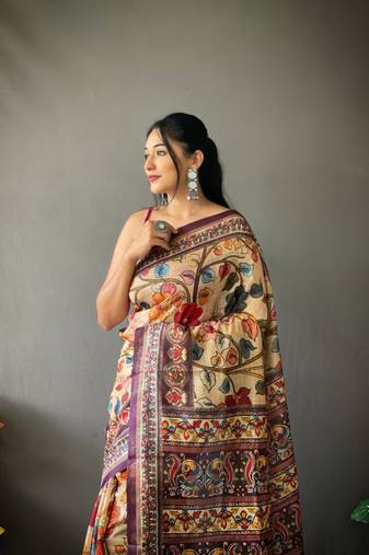 cream color kalamkari digital printed cotton blend sarees