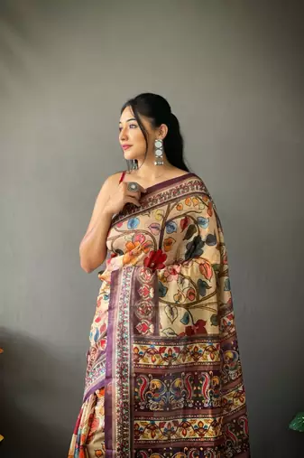 cream color kalamkari digital printed cotton blend sarees