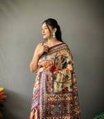 cream color kalamkari digital printed cotton blend sarees