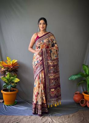 cream color kalamkari digital printed cotton blend sarees 2