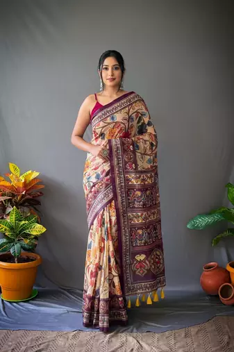 cream color kalamkari digital printed cotton blend sarees