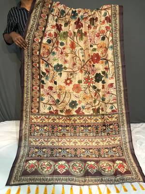 cream color kalamkari digital printed cotton blend sarees 3