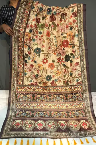 cream color kalamkari digital printed cotton blend sarees