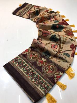 cream color kalamkari digital printed cotton blend sarees 4