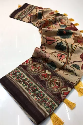 cream color kalamkari digital printed cotton blend sarees