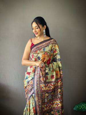 green color kalamkari digital printed cotton blend sarees 1
