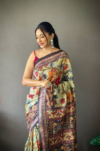 green color kalamkari digital printed cotton blend sarees