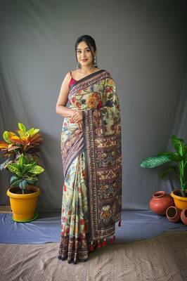 green color kalamkari digital printed cotton blend sarees 2