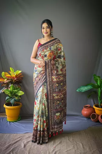 green color kalamkari digital printed cotton blend sarees