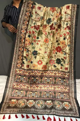 green color kalamkari digital printed cotton blend sarees