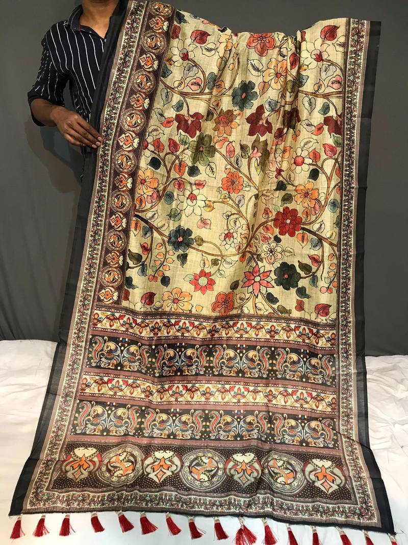 green color kalamkari digital printed cotton blend sarees