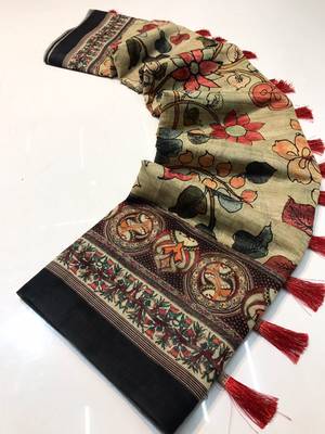 green color kalamkari digital printed cotton blend sarees 4