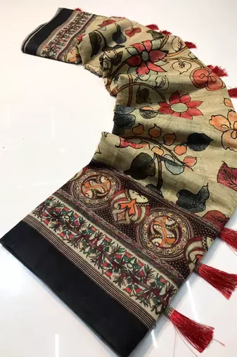 green color kalamkari digital printed cotton blend sarees