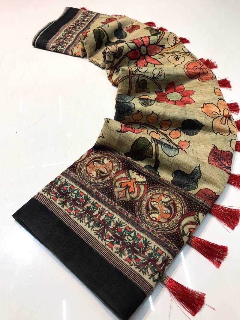 green color kalamkari digital printed cotton blend sarees