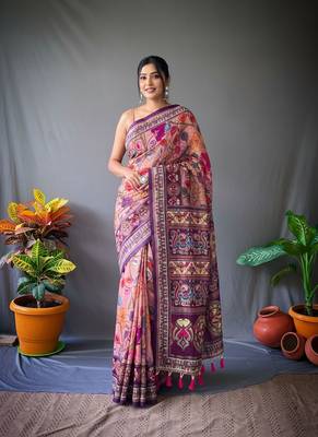 pink color kalamkari digital printed cotton blend sarees 1