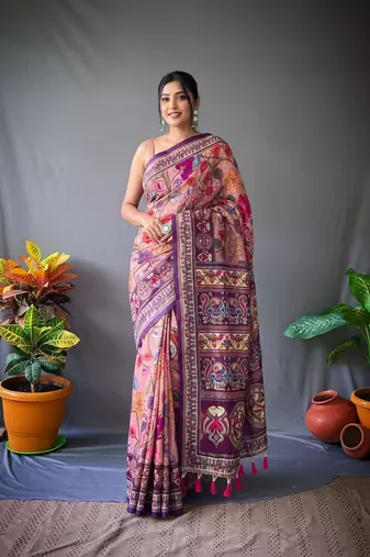 pink color kalamkari digital printed cotton blend sarees