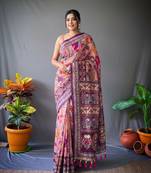 pink color kalamkari digital printed cotton blend sarees