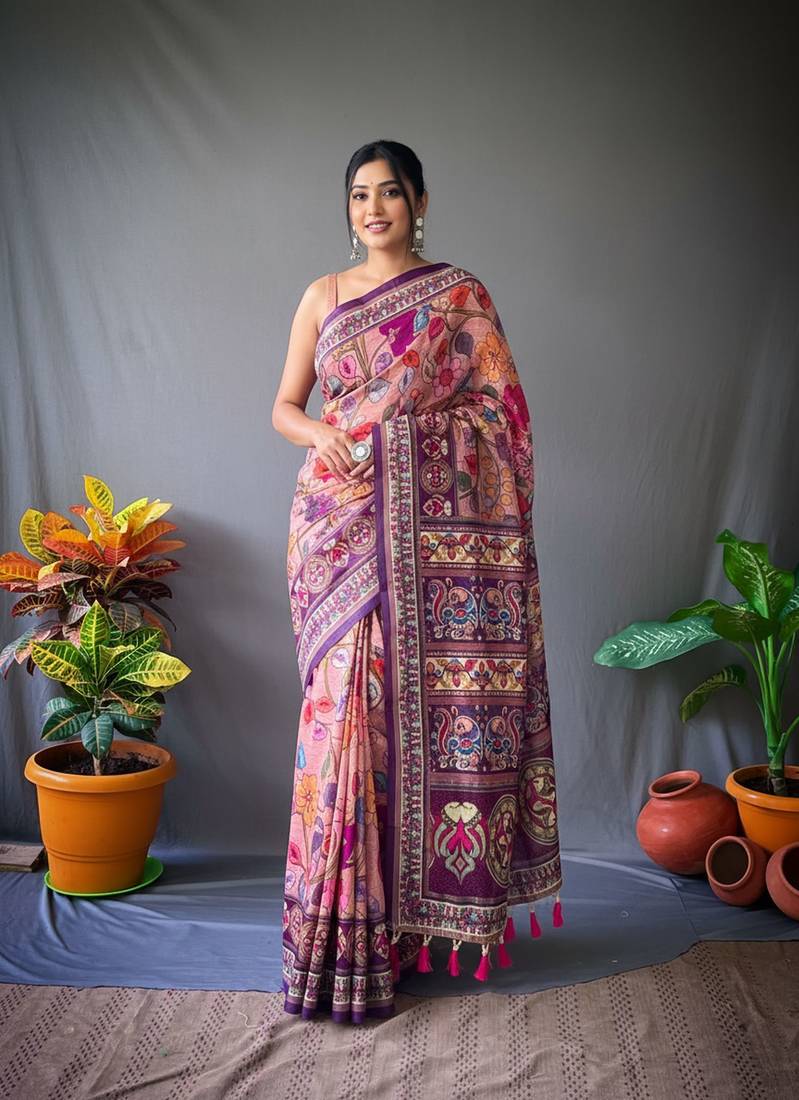 pink color kalamkari digital printed cotton blend sarees