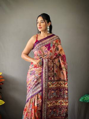 pink color kalamkari digital printed cotton blend sarees 2