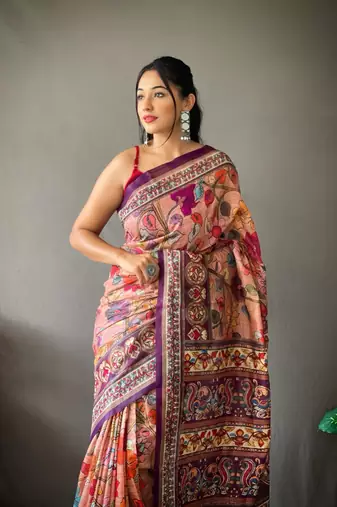 pink color kalamkari digital printed cotton blend sarees