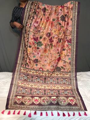 pink color kalamkari digital printed cotton blend sarees 3