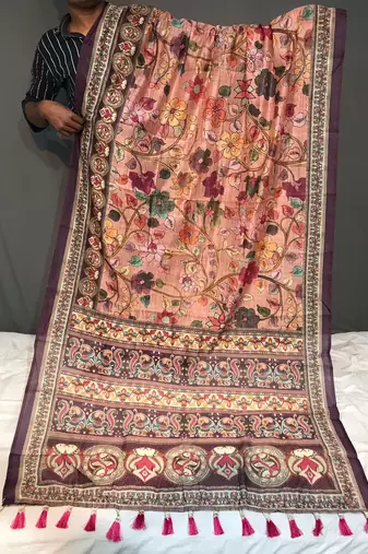 pink color kalamkari digital printed cotton blend sarees