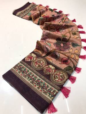 pink color kalamkari digital printed cotton blend sarees 4