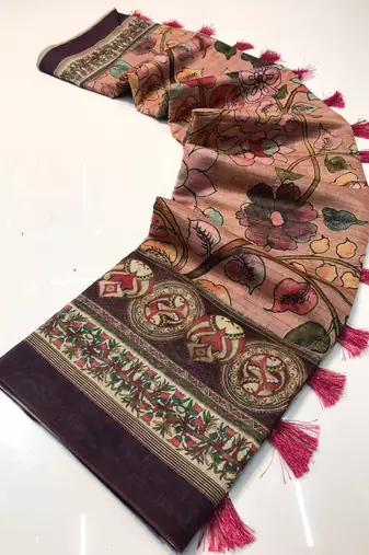 pink color kalamkari digital printed cotton blend sarees