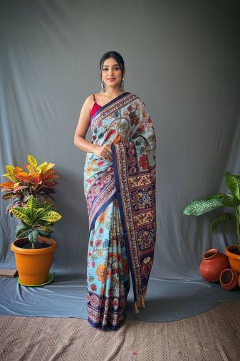 sky blue color kalamkari digital printed cotton blend sarees