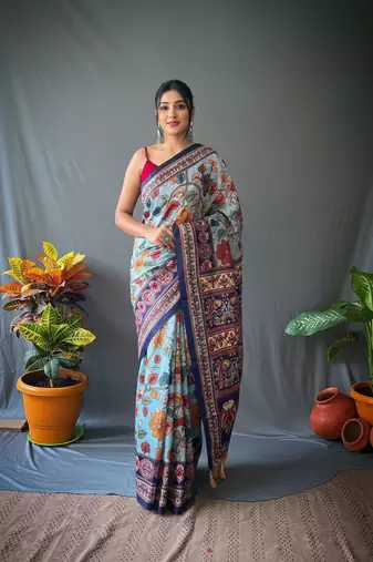 sky blue color kalamkari digital printed cotton blend sarees