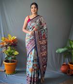 sky blue color kalamkari digital printed cotton blend sarees