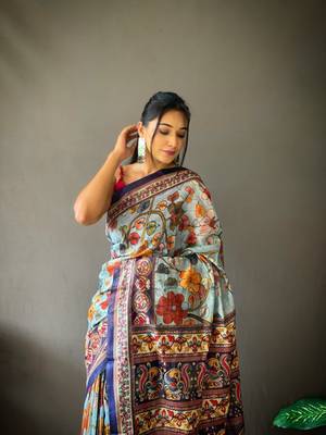 sky blue color kalamkari digital printed cotton blend sarees 2