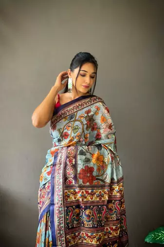 sky blue color kalamkari digital printed cotton blend sarees