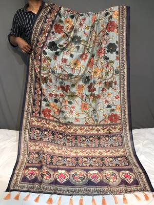 sky blue color kalamkari digital printed cotton blend sarees 3