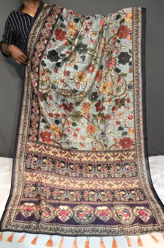 sky blue color kalamkari digital printed cotton blend sarees