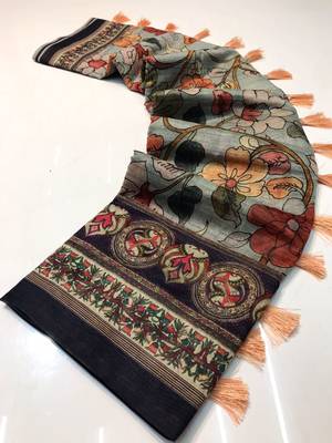 sky blue color kalamkari digital printed cotton blend sarees 4