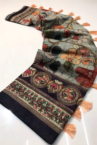 sky blue color kalamkari digital printed cotton blend sarees