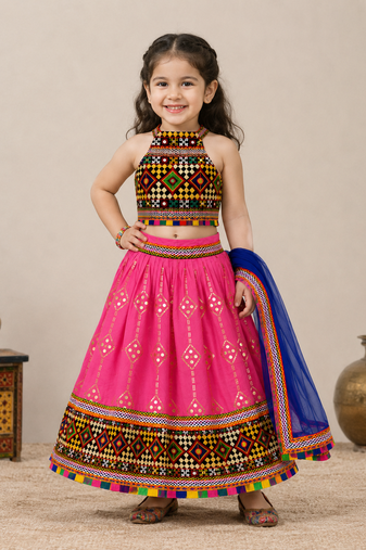 Pink Cotton Traditional Kids' Lehenga Choli with Mirror Work and Blouse