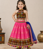 Pink Cotton Traditional Kids' Lehenga Choli with Mirror Work and Blouse