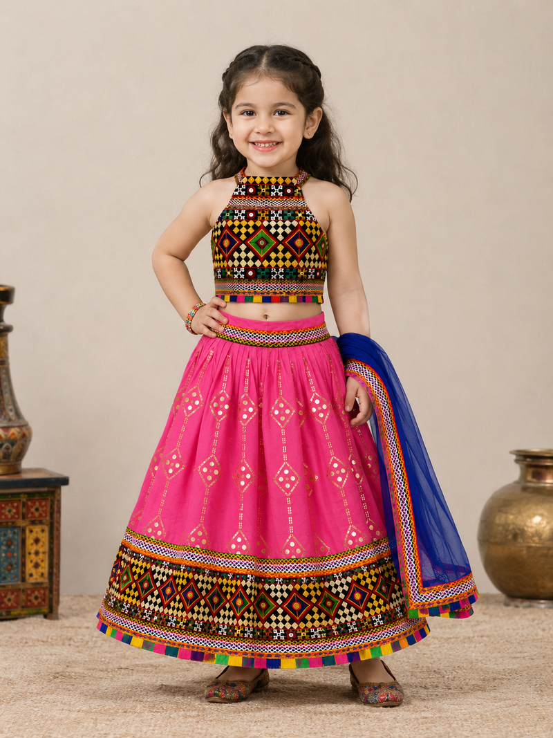 Pink Cotton Traditional Kids' Lehenga Choli with Mirror Work and Blouse