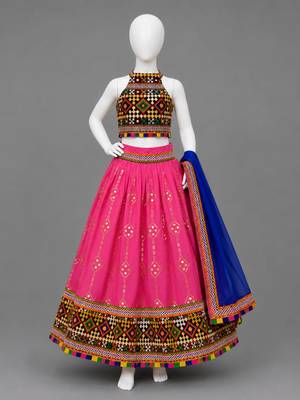 Pink Cotton Traditional Kids' Lehenga Choli with Mirror Work and Blouse 2