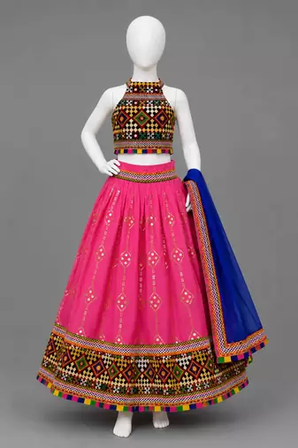 Pink Cotton Traditional Kids' Lehenga Choli with Mirror Work and Blouse
