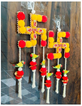 shubh labh swastik door hanging with beads pom-poms and parrot decoration pack of 2 1