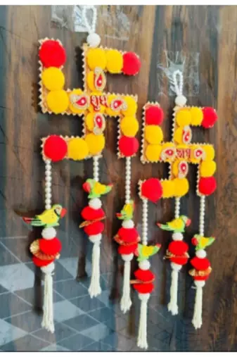 shubh labh swastik door hanging with beads pom-poms and parrot decoration pack of 2