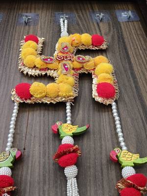 shubh labh swastik door hanging with beads pom-poms and parrot decoration pack of 2 2