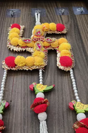 shubh labh swastik door hanging with beads pom-poms and parrot decoration pack of 2