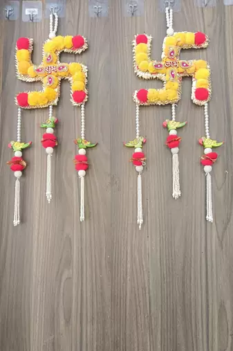 shubh labh swastik door hanging with beads pom-poms and parrot decoration pack of 2