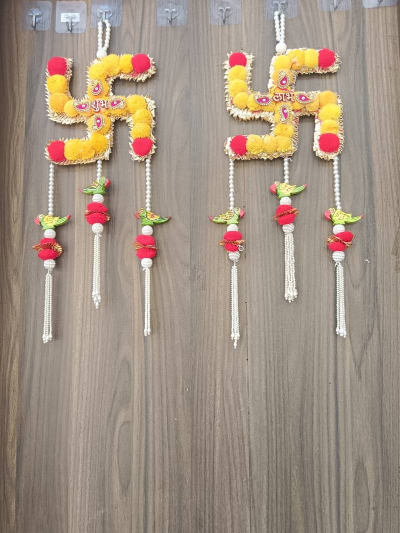 shubh labh swastik door hanging with beads pom-poms and parrot decoration pack of 2