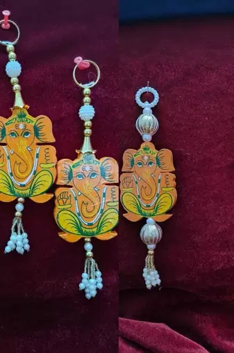 handmade lord ganesha wooden bead tassel hanging for home decoration pack of 6